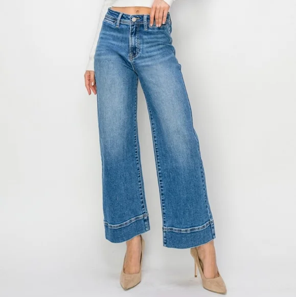 RISEN Wide Leg Flare Bell Bottom High-Rise Waist Jeans Retro Classic Denim Pants - Picture 6 of 12